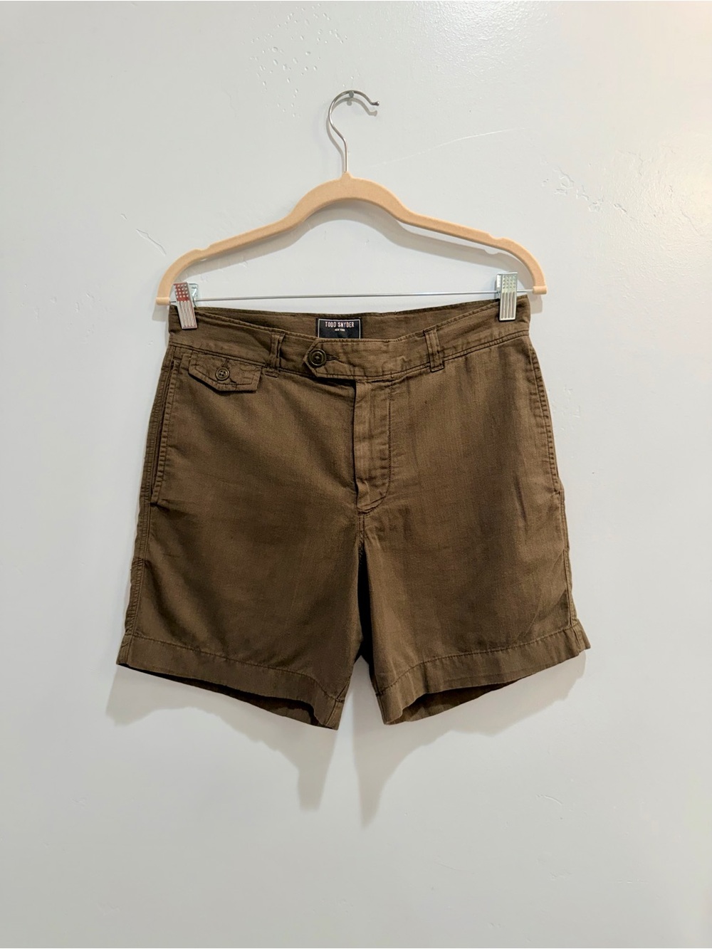 Todd Snyder Mens Cotton Linen 7" Officer Shorts Olive Brown Button Tab Size 28 - Picture 2 of 11